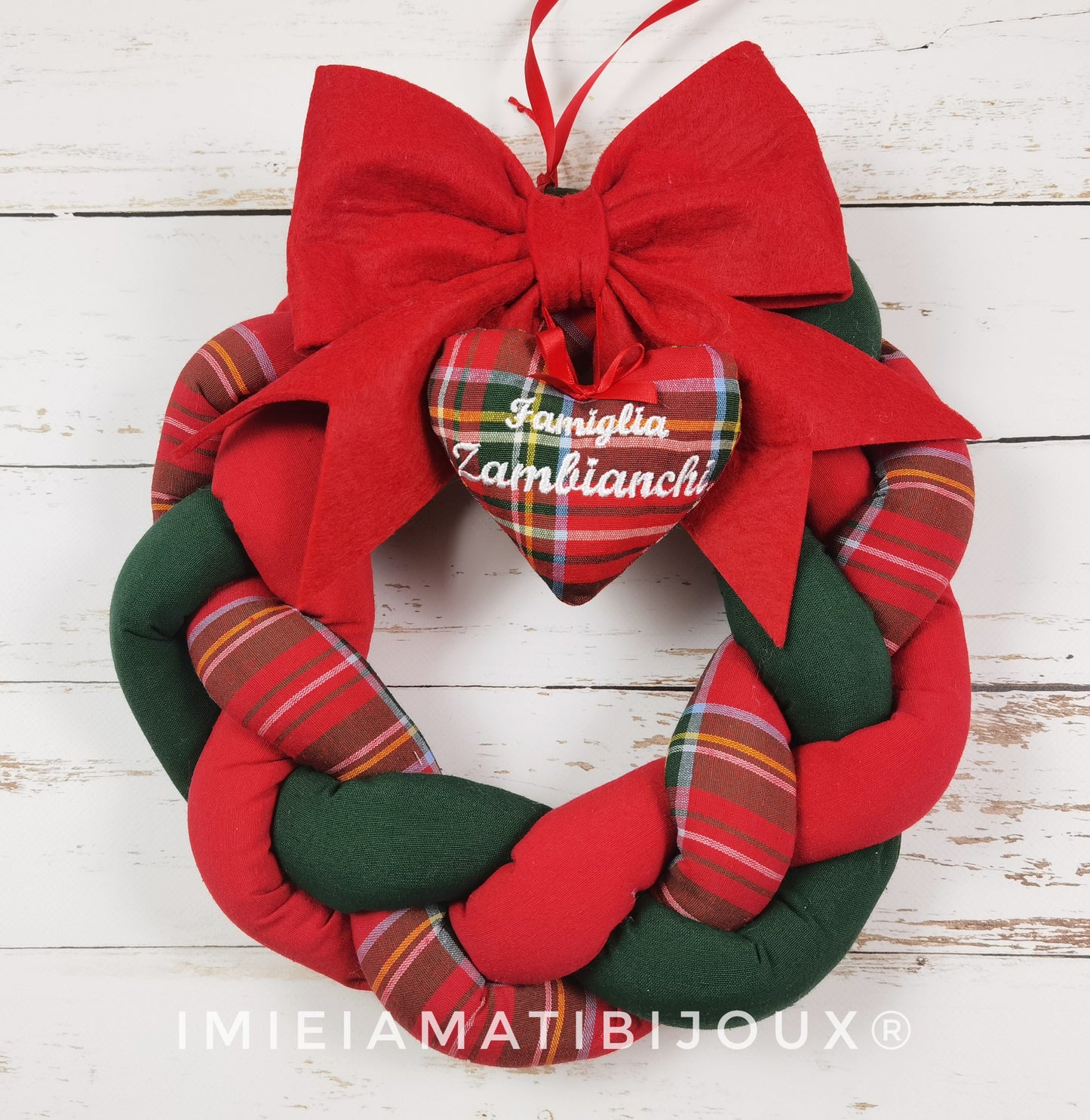 Ghirlanda fuoriporta fiocco buon natale cuore imbottito rosso scozzese verde velluto oro