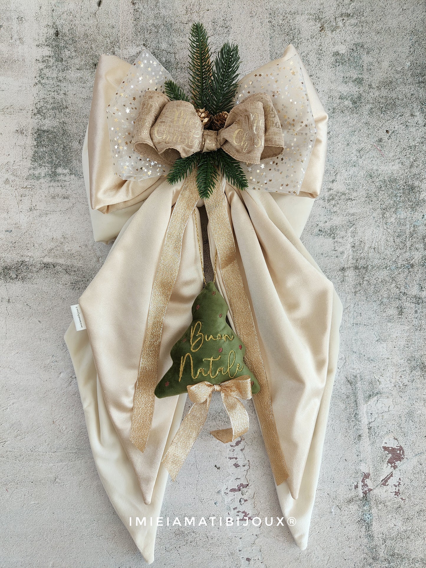 Fiocco natalizio con alberello toni oro