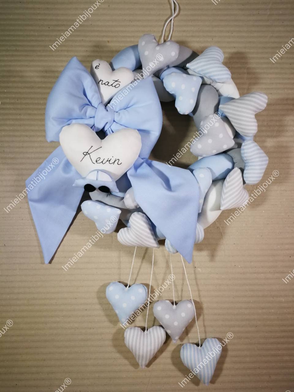 Ghirlanda fiocco nascita mille cuori + cuori pendenti colori bimbo