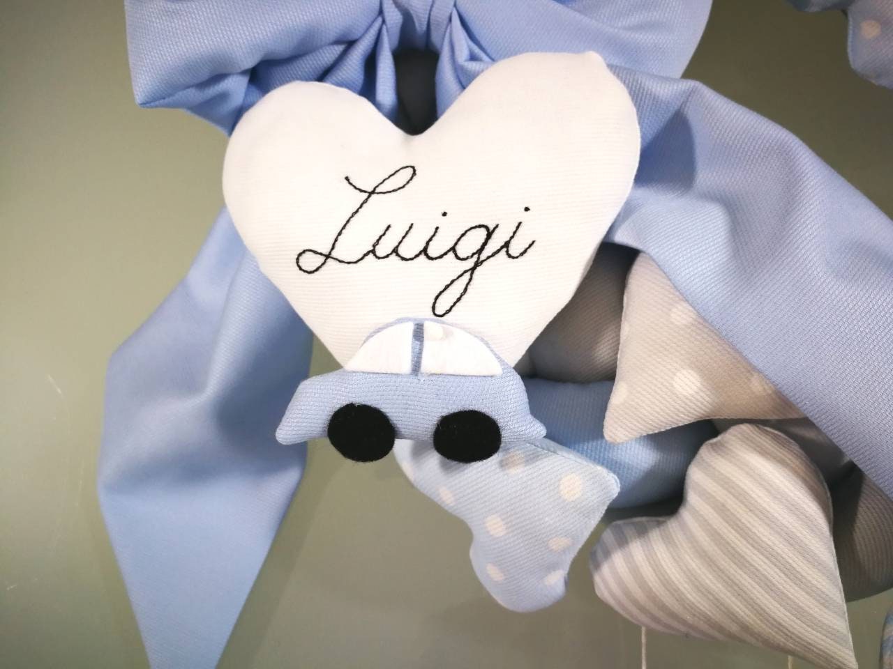 Ghirlanda fiocco nascita mille cuori + cuori pendenti colori bimbo