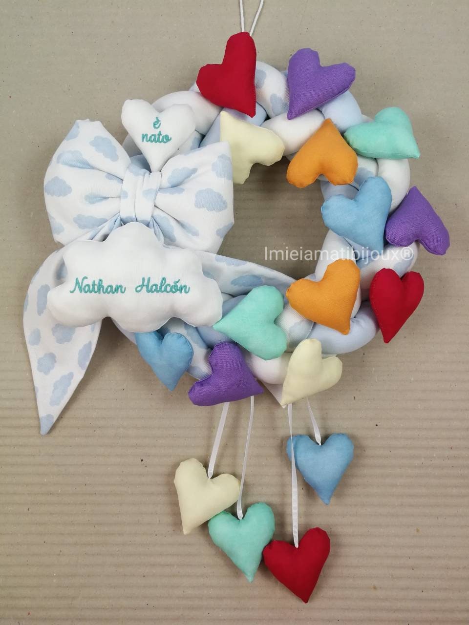 Ghirlanda fiocco nascita mille cuori + cuori pendenti colori bimbo