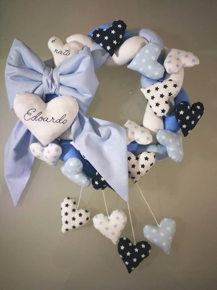 Ghirlanda fiocco nascita mille cuori + cuori pendenti colori bimbo