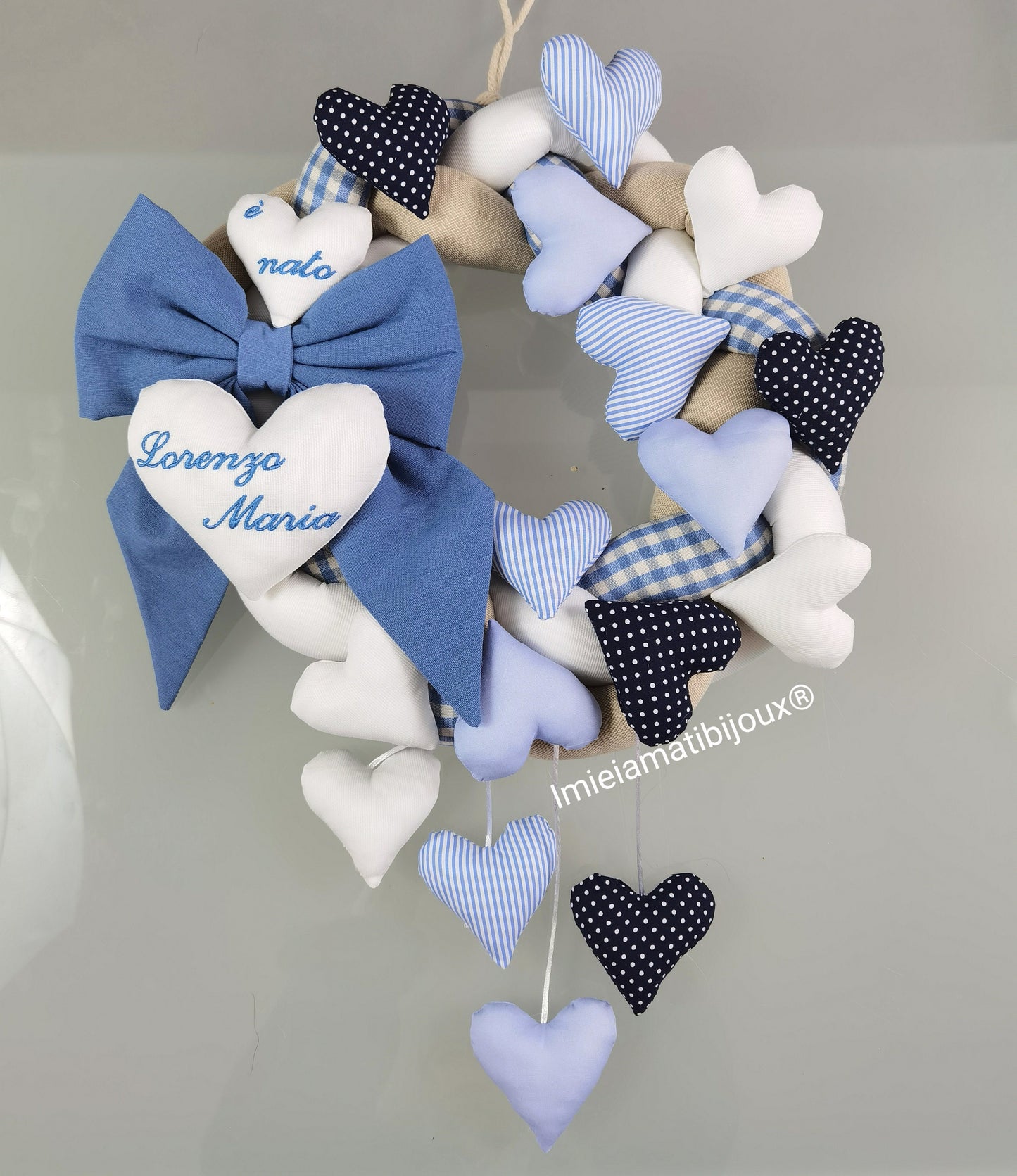 Ghirlanda fiocco nascita mille cuori + cuori pendenti colori bimbo
