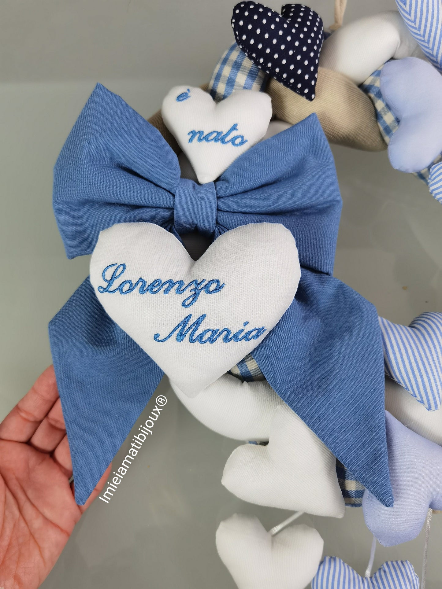 Ghirlanda fiocco nascita mille cuori + cuori pendenti colori bimbo
