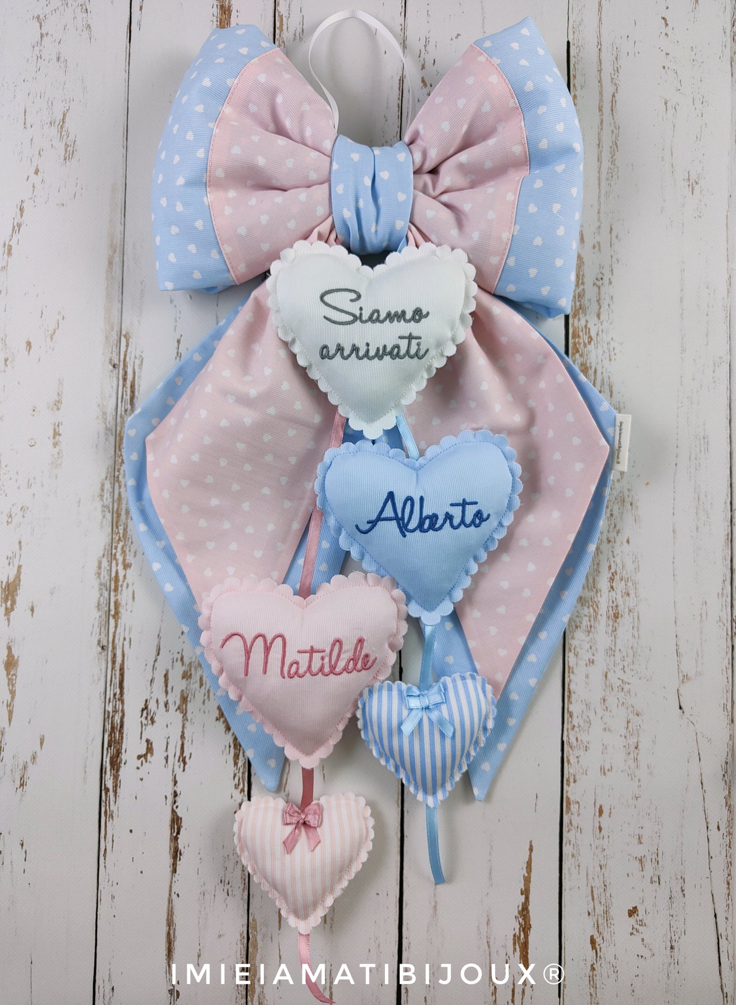 Fiocco nascita gemelli rosa celeste con cuori imbottiti