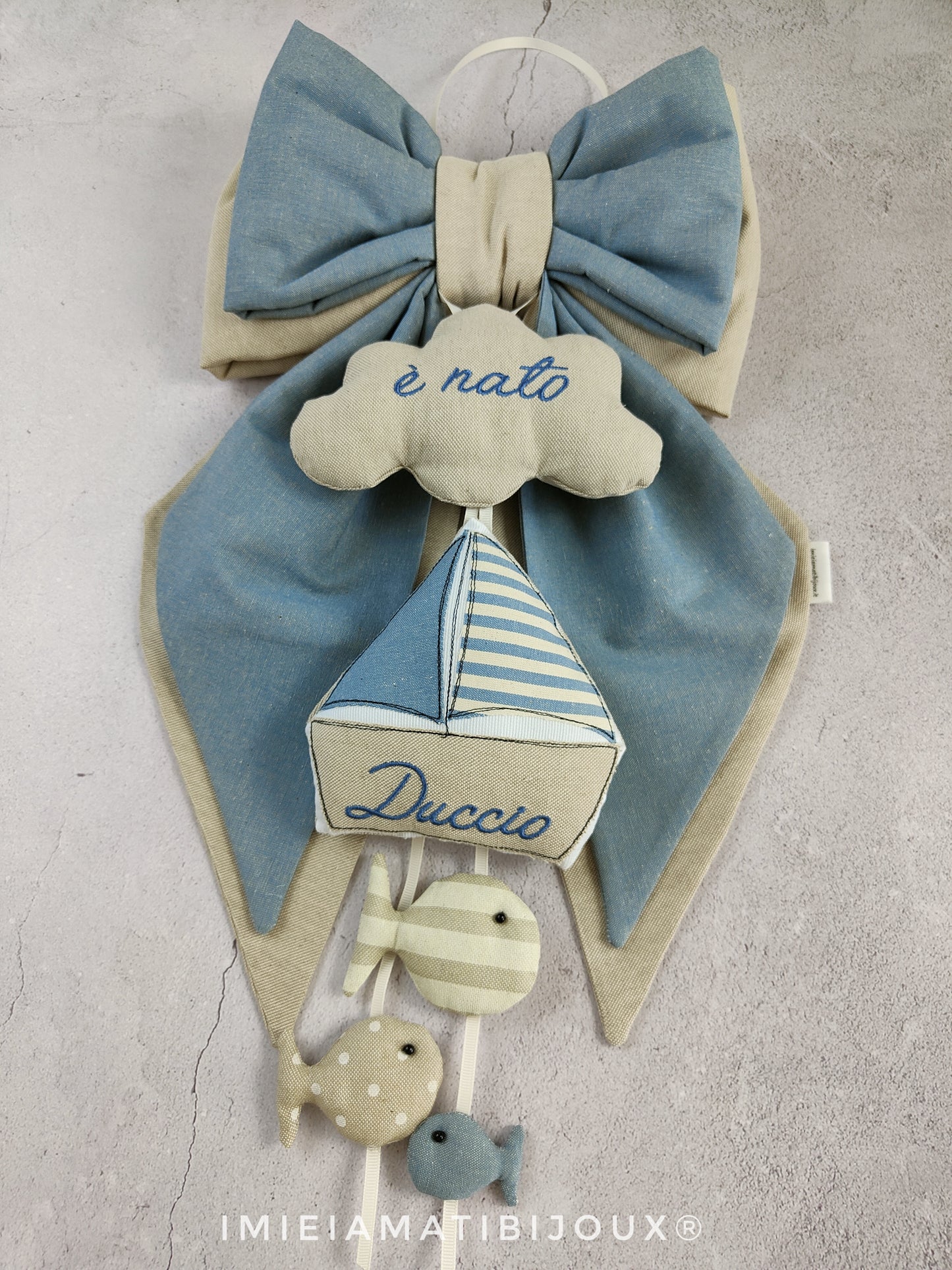 Fiocco nascita barca barchetta e pesci bimbo doppio fiocco