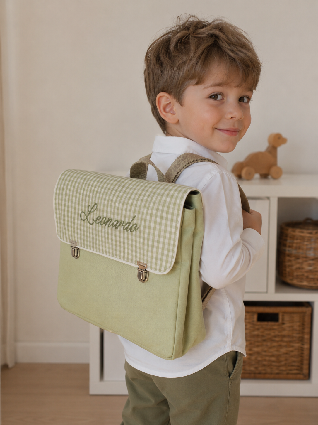 Cartella per asilo vintage personalizzata | Zainetto scuola infanzia fatto a mano | Cartella bimbi con ricamo nome